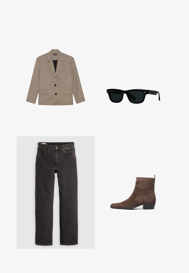 Bruine geblokte blazer met een gelapte kraag, twee voorzakken en twee knopen. Gemaakt van een gestructureerde stof, met een zwarte voering.; Zwarte katoen t-shirt met korte mouwen, ronde hals en een relaxte fit. Soepele textuur en minimalistisch ontwerp, geen patronen of accenten.; Zwarte denim jeans met een rechte pijpontwerp, vijf zakken en metalen accenten. De stof heeft een lichte textuur en een effen kleurafwerking.; Bruine suède enkelboot met een spitse neus, een lage blokhak en een lus aan de achterkant voor gemakkelijk aan- en uittrekken. Gladde textuur en eenvoudig ontwerp.; Zwarte zonnebril met vierkante monturen, donkere lenzen en glad plastic materiaal. Heeft kleine, ronde accenten aan de voorkant en slanke armen.