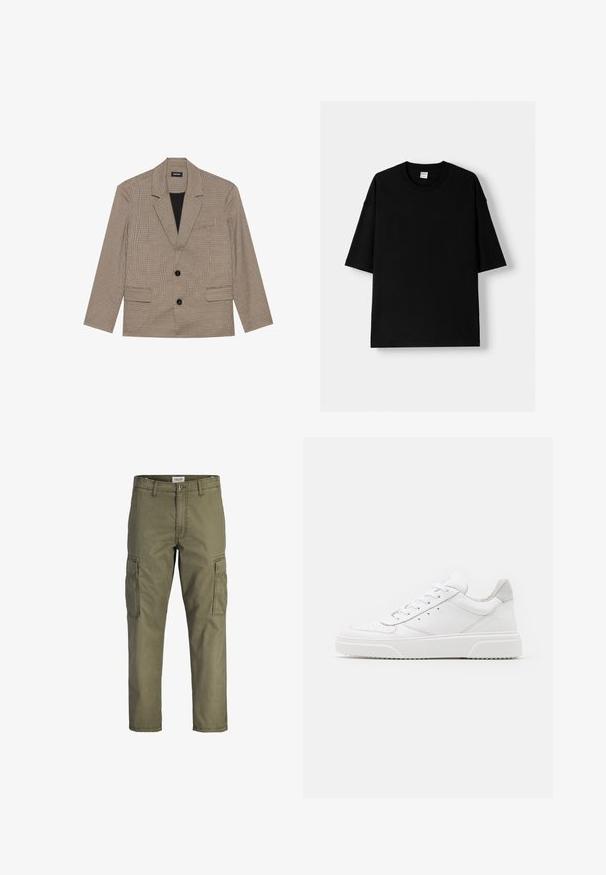Hnědý kostkovaný blazer s klopovým límcem, dvěma předními kapsami a dvěma knoflíky. Vyrobeno z texturované látky, s černou podšívkou.; Černé bavlněné tričko s krátkým rukávem, kulatým výstřihem a volným střihem. Hladký povrch a minimalistický design, bez vzorů nebo akcentů.; Olivově zelené cargo kalhoty vyrobené z bavlněné tkaniny, s bočními kapsami, rovnými nohavicemi a páskem s btním uzávěrem.; Bílé kožené tenisky s hladkým povrchem, zaoblenou špičkou, plochými tkaničkami a texturovanou podrážkou. Šedý semišový detail na patě.