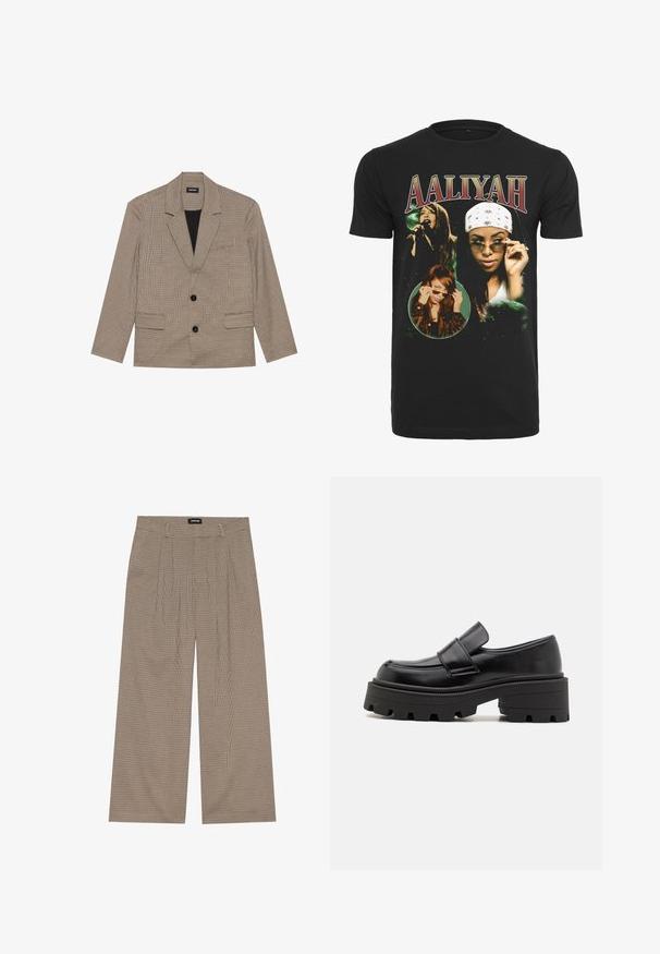 Braun karierter Blazer mit Reverskragen, zwei Fronttaschen und zwei Knöpfen. Aus strukturiertem Stoff gefertigt, mit einem schwarzen Futter.; Schwarzes Baumwoll-T-Shirt mit Bildern von Aaliyah, mit weißen und grünen Grafiken sowie fetten roten Buchstaben für den Namen "AALIYAH."; Karierte, weite Hosen in Beige und Braun mit hohem Bund und gef pleatem Vorderteil, gefertigt aus weichem Stoff für Komfort und Fall.; Schwarze Lederloafers mit einer robusten Gummisohle, die eine erhöhte Plattform und einen Riemen über dem Spann aufweisen. Glatte Textur und abgerundete Form.