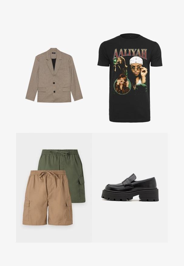 Brunternet blazer med klapkrave, to forlommer og to knapper. Lavet af tekstureret stof med en sort foer.; Sort bomulds T-shirt med billeder af Aaliyah, med hvide og grønne grafikker og fed rød skrift til navnet "AALIYAH."; To sæt cargo shorts; et i khaki og et i grøn. Hver er udstyret med en elastisk talje, snor og sidelommer. Glat stoftekstur.; Sorte læder loafers med en klodset gummisål, udstyret med en forhøjet platform og en rem henover vristen. Glat tekstur og afrundet form.
