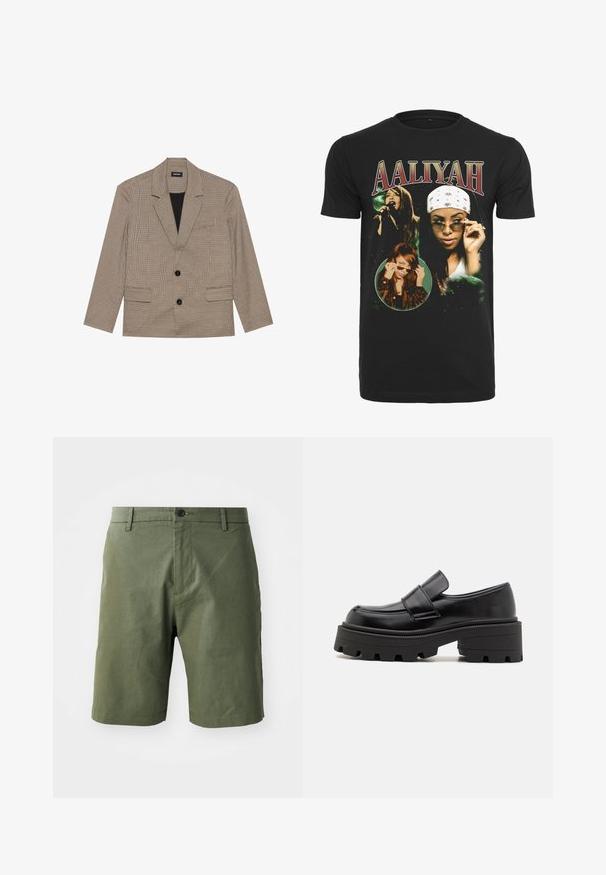 Sacou maro în carouri, cu gulere cu colțuri, două buzunare frontale și două nasturi. Fabricat dintr-un material texturat, cu o căptușeală neagră.; Tricou negru din bumbac cu imagini ale lui Aaliyah, cu grafica albă și verde și literele îndrăznețe roșii pentru numele "AALIYAH."; Șorturi de culoare verde măslin, confecționate dintr-un material ușor, cu un front plat, băcăție pentru brâu și închidere cu un singur nasture la talie.; Mocasini din piele neagră cu o talpă din cauciuc masiv, având o platformă ridicată și o curea peste glezna piciorului. Textură fină și formă rotundă.