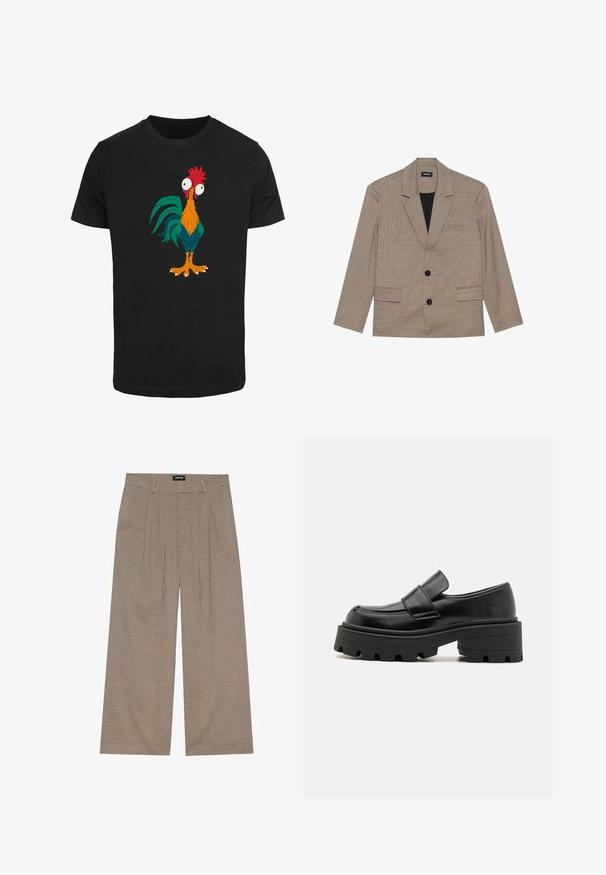 Pruun ruuduline bleiser, millel on sälguline krae, kaks esikotti ja kaks nööpi. Valmistatud tekstureeritud kangast, musta voodriga.; Must must have värvikas multifilmikook, millel on ümar ja suurte silmadega tõuk. Särgil on oranzid, rohelised ja punased aktsendid.; Beige ja pruuni ruudulised laiade jalgade püksid kõrge vöökohaga ja volditud esiosaga, valmistatud pehmest kangast mugavuse ja langevuse jaoks.; Mustast nahast loafers, millel on paks kummist tald, tõstetud platvorm ja rihm üle jala. Sile tekstuur ja ümar kuju.