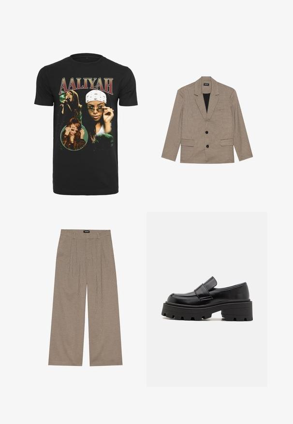 Bruine geblokte blazer met een gelapte kraag, twee voorzakken en twee knopen. Gemaakt van een gestructureerde stof, met een zwarte voering.; Zwarte katoen t-shirt met afbeeldingen van Aaliyah, met witte en groene grafische elementen en vet rood lettertype voor de naam "AALIYAH."; Geruite wijde broek in beige en bruin met een hoge taille en geplooide voorkant, gemaakt van zachte stof voor comfort en een mooie val.; Zwarte leren instappers met een dikke rubberen zool, voorzien van een verhoogd platform en een band over de wreef. Glad oppervlak en ronde vorm.