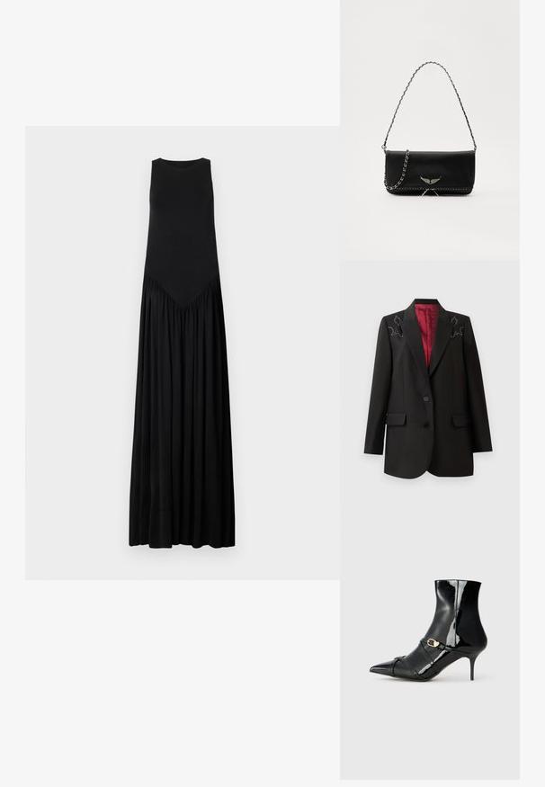 Juodas pritaikytas švarkas su gilia raudona pamušalu, dekoruotas gėlėmis siuvinėjimu ant pečių ir dviem priekiniais kišenėmis su atverčiamais skląsčiais. Uždarymas su dviem sagomis.; Juodas be rankovių maksi suknelė su prigludusia liemene, V formos siūlės detale juosmenyje ir laisvai krintančia susiraukšlėjusia sijona. Lygus paviršius.; Juodos lakuotos odos aulinukai iki kulkšnies, su smailiu nosiu, plonu kulnu ir dviem plonomis dirželių juostomis su auksiniu sagtimi. Visiškai lygus, blizgantis paviršius.; Juodas odinis delninukas su sidabro spalvos grandinele, papuoštas dekoratyviniais sparnų akcentais ir balta siūle apačioje.