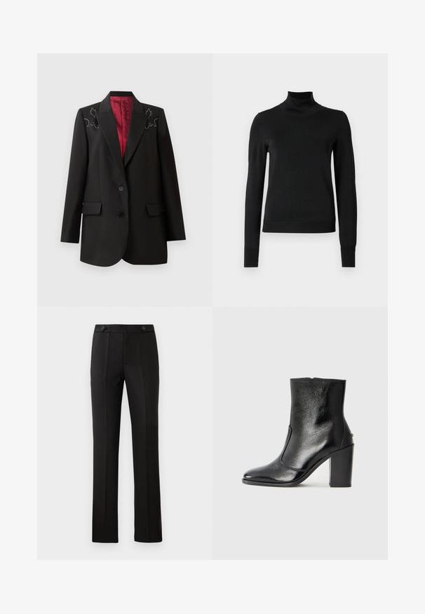 Zwarte op maat gemaakte blazer met een diep rode voering, voorzien van bloemenborduurwerk op de schouders en twee voorzakken met klep. Sluiting met twee knopen.; Zwarte trui met lange mouwen en col, voorzien van geribde manchetten en zoom, weergegeven op een effen witte achtergrond.; Zwarte op maat gemaakte broek met een rechte pijp, twee voorzakken, een knoopsluiting en plooien aan de voorkant. Glad textuur van de stof.; Zwarte leren enkelboot met een gladde textuur, spitse neus en een gedurfde hoge hak. Beschikt over een zijopening en een minimalistisch ontwerp.