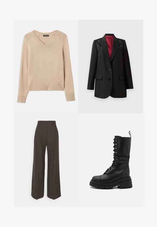 Crni sako s dubokim crvenim podstavljanjem, sa cvjetnim vezom na ramenima i dva prednja džepa s preklopom. Zatvaranje na dva dugmeta.; Bežani pleteni pulover s V-izrezom, rebrastim manžetama i rubom, s malom etiketom na donjoj lijevoj strani. Glatka tekstura. Lagani dizajn.; Tamno smeđi hlače širokih nogavica s visokim strukom, s uredno peglanim naborima, glatkom teksturom i krojem koji dobro pristaje.; Crne kožne čizme s vezicama, robustnim potplatom, visokim gornjim dijelom i teksturiranom površinom, s metalnim rupicama i trakicom za povlačenje.