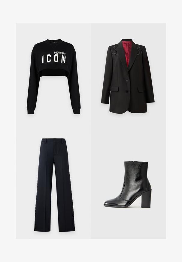 Schwarzer maßgeschneiderter Blazer mit tiefrotem Futter, ausgestattet mit floralem Stickerei an den Schultern und zwei frontalen Klappentaschen. Zweiknopfverschluss.; Schwarzes, kurz geschnittenes Sweatshirt mit langen Ärmeln, das auf der Vorderseite in fetter, weißer Schrift "DSQUARED2 ICON" trägt. Weicher Stoff, Rundhalsausschnitt.; Schwarze weit geschnittene Hose. Maßgeschneiderte Passform mit glatter Textur. Verfügt über eine Reihe von metallischen Nieten entlang der Seitennaht für Details.; Schwarze Leder-Stiefelette mit glatter Textur, spitzem Fuß und klobigem hohen Absatz. Verfügt über eine seitliche Öffnung und ein minimalistisches Design.