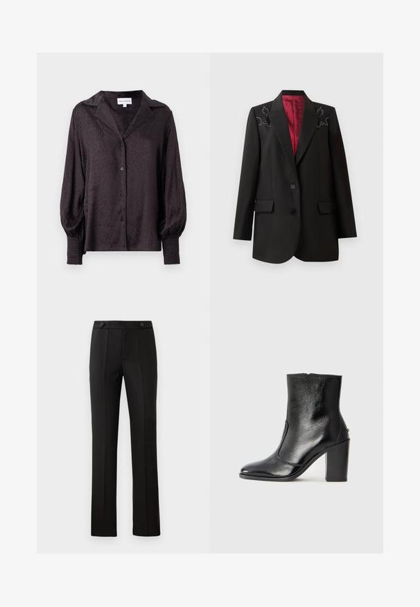 Blazer nero su misura con foderatura rosso scuro, caratterizzato da ricami floreali sulle spalle e due tasche anteriori con patta. Chiusura a due bottoni.; Blusa nera in satin con un sottile motivo animalier, chiusura con bottoni e vestibilità ampia. Presenta maniche a sbuffo e dettagli smock ai polsini.; Pantaloni neri su misura con gamba dritta, due tasche frontali, chiusura con bottone e dettagli con pieghe sul davanti. Tessuto morbido.; Stivale alla caviglia in pelle nera, con una superficie liscia, punta affilata e tacco alto e massiccio. Presenta una apertura laterale e un design minimalista.