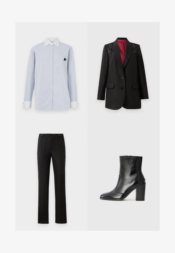 Črn eleganten blazer z globoko rdečo podlogo, ki ima cvetlične vezenine na ramenih in dva sprednja žepa z poklopcem. Zapiranje na dva gumba.; Prugasta srajca z dolgimi rokavi v svetlo modri barvi z belimi prugami. Ima bel ovratnik, sprednje gumbe in žep z detajlom črnega logotipa.; Črne krojene hlače s ravnim nogavicam, dvema sprednjima žepoma, gumbom za zapiranje in nabranimi detajli spredaj. Gladka tekstura tkanine.; Črne usnjene gležnarske čevlje z gladko teksturo, koničastim nosom in debelim visokim petam. Imajo stransko odprtino in minimalističen dizajn.