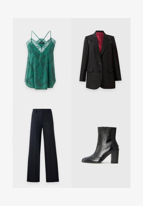 Crni sako s dubokim crvenim podstavljanjem, sa cvjetnim vezom na ramenima i dva prednja džepa s preklopom. Zatvaranje na dva dugmeta.; Zeleni satenasti top s V-izrezom i čipkastim detaljima. Ima uzorak lanaca s perlicama i tanke podesive naramenice.; Hlače širokih nogavica u crnoj boji. Prilagođeni kroj s glatkom teksturom. Imaju red metalnih zakovica duž bočnih šavova kao detalj.; Crna kožna čizma do gležnjeva s glatkom teksturom, špicastim vrhom i debelim visokim potpeticama. Ima bočni otvor i minimalistički dizajn.