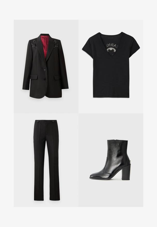 Musta räätälöity bleiseri, jossa on syvänpunainen vuori, ja olkapäillä kukkakirjontaa sekä kaksi etuflappitaskua. Kaksi nappia kiinnittäminen.; Lyhythihainen musta t-paita, jossa on syvä V-pääntie, verkkopaneeli ja painettu kuvio sisäkerroksessa. Pehmeä ja hengittävä kangas.; Mustat mittatilaustyönä tehdyt housut, joissa on suora lahje, kaksi etutaskua, nappisulku ja rypytyksellä varustettua yksityiskohtaa edessä. Sujuva materiaali.; Mustat nahka ankle bootit, joissa on sileä pinta, terävä kärki ja paksu korkea korko. Sivusaumassa on avaus ja muuten yksinkertainen muotoilu.