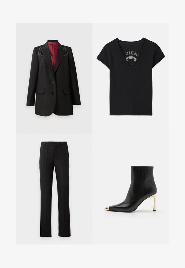 Musta räätälöity bleiseri, jossa on syvänpunainen vuori, ja olkapäillä kukkakirjontaa sekä kaksi etuflappitaskua. Kaksi nappia kiinnittäminen.; Lyhythihainen musta t-paita, jossa on syvä V-pääntie, verkkopaneeli ja painettu kuvio sisäkerroksessa. Pehmeä ja hengittävä kangas.; Mustat mittatilaustyönä tehdyt housut, joissa on suora lahje, kaksi etutaskua, nappisulku ja rypytyksellä varustettua yksityiskohtaa edessä. Sujuva materiaali.; Mustat nahkasaappaat nilkkakorkeudella, joissa on terävä kärki, kultainen metallikärki ja hoikka korkea korko. Sileä pinta ja minimalistinen muotoilu.