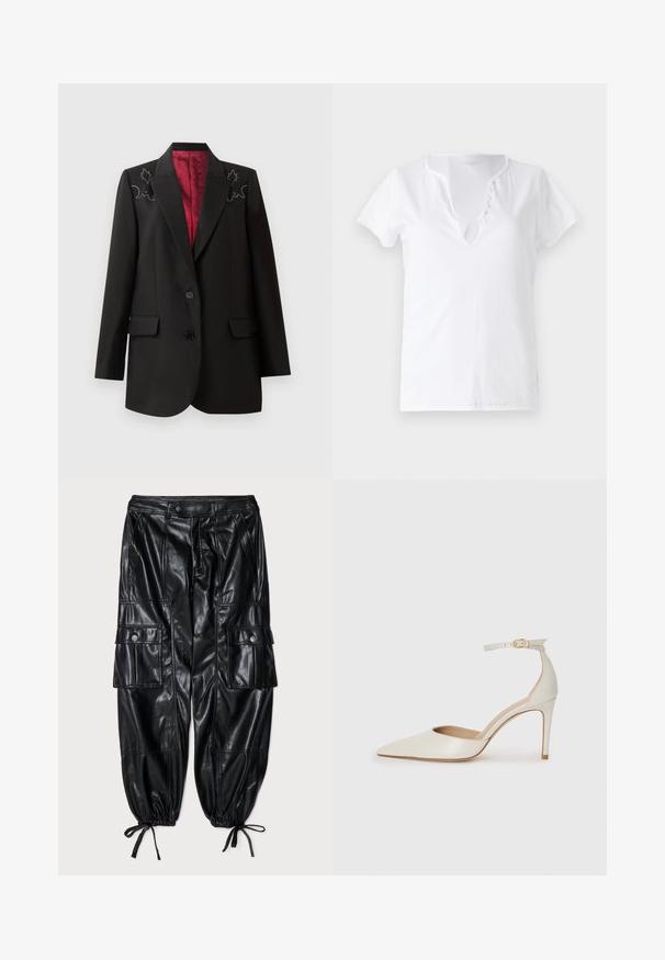 Fekete szabott blazer mélyvörös béléssel, virágos hímzéssel a vállakon és két elülső hajtókás zsebbel. Két gombos záródás.; Fehér pamut póló rövid ujjakkal, laza szabással és V-nyakkivágással, öt díszgombbal ellátott gombolással.; Fekete bőr cargo nadrág laza szabással, szegőzött mandzsettákkal, több zsebbel, és sima, fényes textúrával. Gomb díszítéssel rendelkezik.; Fehér bőr, magassarkú cipő hegyes orral, bokapánttal és vékony tűs sarkal. Simaszövet, finom fényes felülettel.