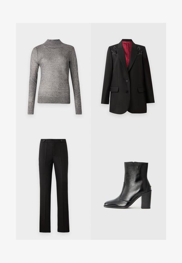 Fekete szabott blazer mélyvörös béléssel, virágos hímzéssel a vállakon és két elülső hajtókás zsebbel. Két gombos záródás.; Szürke garbó, hosszú ujjú, csillogó kötött anyagból készült. Fitt szabású és bordázott gallérral rendelkezik.; Fekete, szabott nadrág egyenes lábbal, két elülső zsebbel, gombos záródással és plisszé részletezéssel elöl. Simább anyagú textúra.; Fekete bőr bokacipő sima textúrával, hegyes orral és vastag, magas sarkával. Oldalnyílással és minimalista dizájnnal rendelkezik.