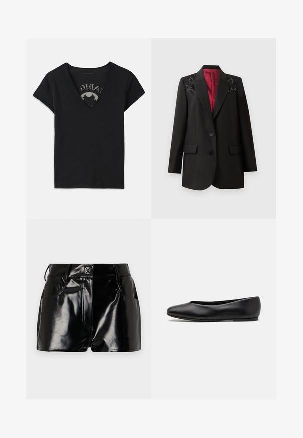 Schwarzer maßgeschneiderter Blazer mit tiefrotem Futter, ausgestattet mit floralem Stickerei an den Schultern und zwei frontalen Klappentaschen. Zweiknopfverschluss.; Schwarzes T-Shirt mit kurzen Ärmeln und tiefem V-Ausschnitt, ausgestattet mit einem Netzpanel und einem Druckdesign auf der inneren Schicht. Weicher, atmungsaktiver Stoff.; Schwarze, glänzende Shorts aus synthetischem Material. Mit einem taillierten Bund, Gürtelschlaufen und vorderen Taschen mit auffälligen Nähdetails.; Paul Smith TOPANGA - Klassischer Ballerina - black