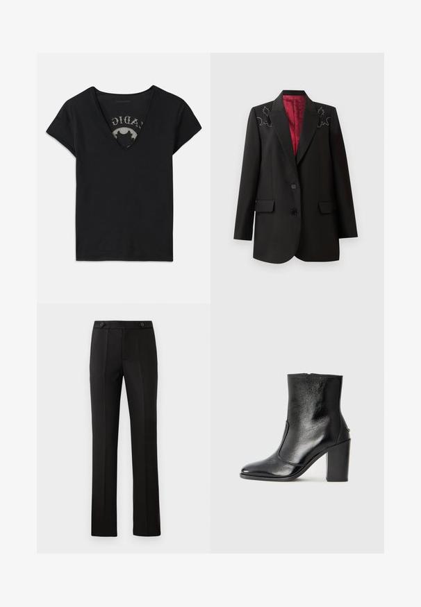 Svart skräddarsydd kavaj med en djup röd foder, med blommig broderi på axlarna och två framfickor med klaffar. Tvåknäppning.; Svart kortärmad t-shirt med djup V-ringning, med ett meshpanel och tryckt design på det inre lagret. Mjuk, andningsbar tyg.; Svarta skräddarsydda byxor med rak benprofil, två framfickor, knappstängning och veckdetaljer på framsidan. Slät tygtextur.; Svart läderankelboot med en slät yta, spetsig tå och en kraftig hög klack. Har en sidöppning och ett minimalistiskt design.