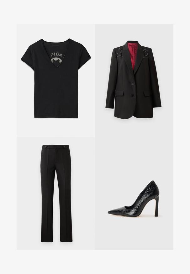 Black tailored blazer with a deep red lining, featuring floral embroidery on the shoulders and two front flap pockets. Two-button closure.; Black short-sleeve t-shirt with a deep V-neckline, featuring a mesh panel and printed design on the inner layer. Soft, breathable fabric.; Black tailored trousers with a straight leg, two front pockets, a button closure, and pleat detailing on the front. Smooth fabric texture.; Black pointed-toe high heel shoe with a crocodile-skin texture, featuring a sleek design, high stiletto heel, and smooth black interior.