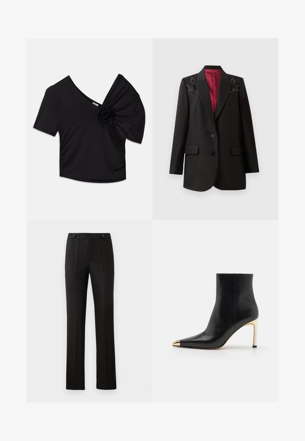 Melnā pielāgotā žaketē ar dziļi sarkanu oderi, ar ziedu izšuvumiem uz pleciem un divām priekšējām kabatām ar atloku. Divu pogu aizdare.; Melna īsām piedurknēm topa augšdaļa ar dziļu V veida kakla izgriezumu un teksturētu ziedu akcentu uz viena pleca, kā arī savelktām detaļām sānos.; Melnas pielāgotas bikses ar taisnu kāju, divām priekšējām kabatām, pogu aizdari un liekumu detaļām priekšpusē. Gluda auduma tekstūra.; Melnas ādas potītes zābaki ar norādītu purngala formu, zelta metāla uzgali un tievu augstu papēdi. Gluda tekstūra ar minimālu dizainu.