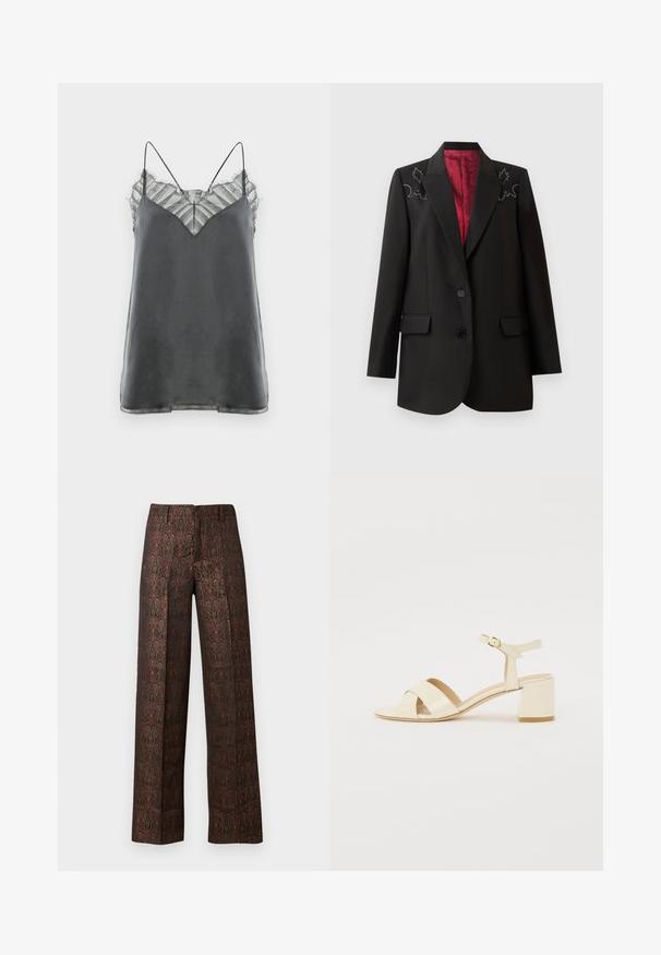 Blazer noir sur mesure avec une doublure rouge foncé, présentant une broderie florale sur les épaules et deux poches à rabat à l'avant. Fermeture à deux boutons.; Camisole en satin gris avec de fines bretelles spaghetti et un délicat overlay en dentelle rayée au niveau du col, présentant un design en forme de V.; Pantalons à jambes larges en riche tissu bordeaux à motifs dorés, présentant des designs complexes et une texture lisse. Taille élastique pour plus de confort.; Sandales à talons en cuir verni beige avec un design à brides croisées, bout ouvert, bride de cheville réglable et un talon carré. Texture lisse.