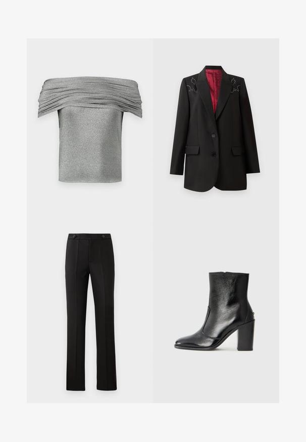 Fekete szabott blazer mélyvörös béléssel, virágos hímzéssel a vállakon és két elülső hajtókás zsebbel. Két gombos záródás.; Ezüst, vállra fellógatható top, ráncolt textúrával, csillogó anyagból készült. Rövid, testhez simuló fazon, sima felülettel.; Fekete, szabott nadrág egyenes lábbal, két elülső zsebbel, gombos záródással és plisszé részletezéssel elöl. Simább anyagú textúra.; Fekete bőr bokacipő sima textúrával, hegyes orral és vastag, magas sarkával. Oldalnyílással és minimalista dizájnnal rendelkezik.