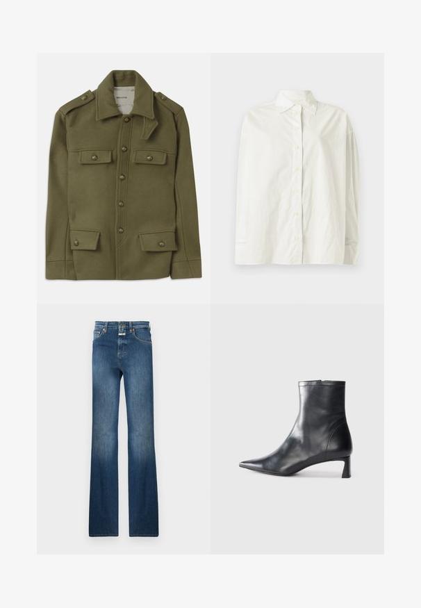 Oliviroheline villane jakk, millel on kraega kaelus, esi-nööpclosing, neli taskut ja õlavarre epauletid. Tekstureeritud kangas.; CLOSED CAPE SHIRT - Nööpidega pluus - white; Tumedat sinised teksad sirge jala disainiga, viie taskuga ja nööbiga sulgemine. Reitelised plekilised aktsendid rõhutavad tekstuuri.; Mustad mustall nahkasaabas terava nina ja stiilse disainiga. Omab madalat konts ja luku sulgemist taga. Sile tekstuur.