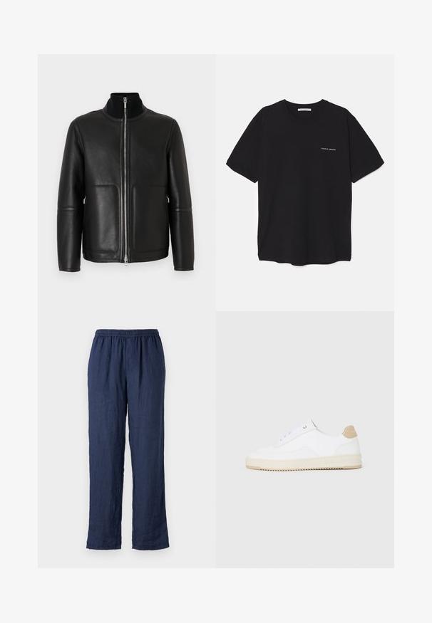 Black leather jacket with a high collar, zip front closure, two front pockets, and minimal stitching details. Smooth texture and structured shape.; Black cotton T-shirt with a crew neck, short sleeves, and a white logo print on the left chest. Simple, solid color design.; ASPESI PANTALONE - Trousers - blu/blue; White low-top sneakers with a textured leather upper, cream ridged sole, and a tan heel accent. Features white laces and logo detail on heel.