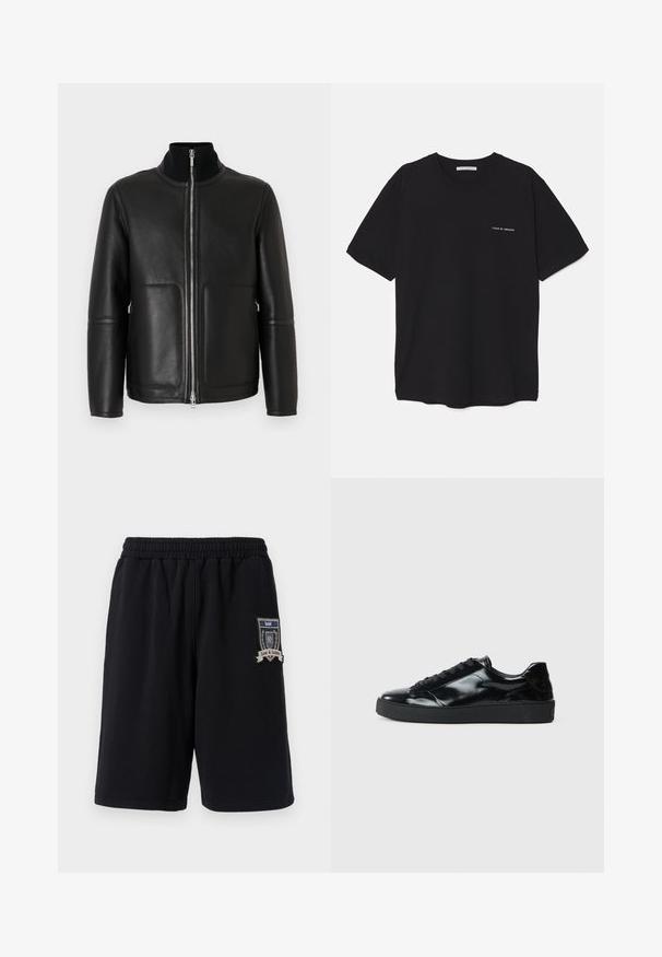Zwarte leren jas met een hoge kraag, ritssluiting aan de voorkant, twee voorzakken en minimale stiknaden. Gladde textuur en gestructureerde vorm.; Zwarte katoenen T-shirt met een ronde hals, korte mouwen en een witte logo-print op de linkerkant van de borst. Eenvoudig, effen kleur ontwerp.; Zwarte katoenen shorts met een elastische tailleband, zijzakken en een decoratieve patch met "Love & Justice" op het linkerbeen.; Zwarte gepatenteerde leren sneakers met een ronde neus, vetersluiting, een gestructureerde rubberen zool en een glanzende afwerking.
