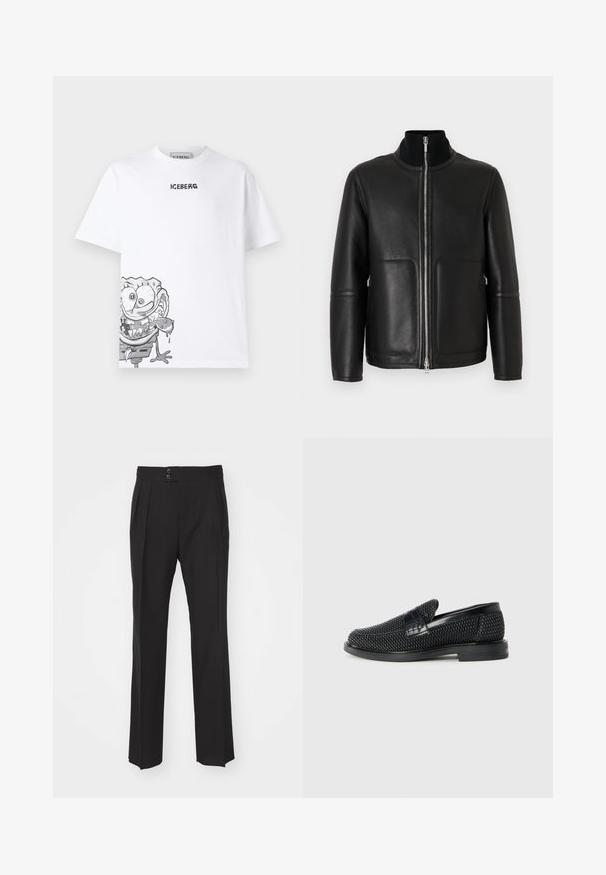 Black leather jacket with a high collar, zip front closure, two front pockets, and minimal stitching details. Smooth texture and structured shape.; White cotton t-shirt featuring a grey cartoon character graphic on the lower left, with "ICEBERG" logo printed in black above.; Black tailored trousers featuring a straight leg design, two front pockets, and a double-button closure at the waistband. Smooth fabric texture.; Black woven slip-on shoe with a smooth leather accent on the upper, a round toe design, and a low-profile rubber sole.