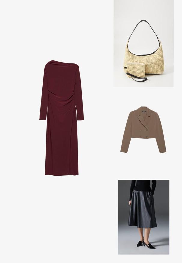 Blazer marrone accorciato realizzato in tessuto liscio, con colletto a spacco, chiusura a doppio petto con bottoni e maniche lunghe.; Lungo abito bordeaux con scollo drappeggiato, maniche lunghe e dettaglio arricciato sul lato, realizzato in un tessuto morbido e elastico.; Gonna midi in pelle nera con una texture liscia; presenta una vita e tasche laterali. Abbinata a scarpe col tacco nere lucide.; Borsa in paglia intrecciata con silhouette curva, dotata di una tracolla in pelle nera liscia e di una piccola pochette abbinata, attaccata da un cinturino da polso.