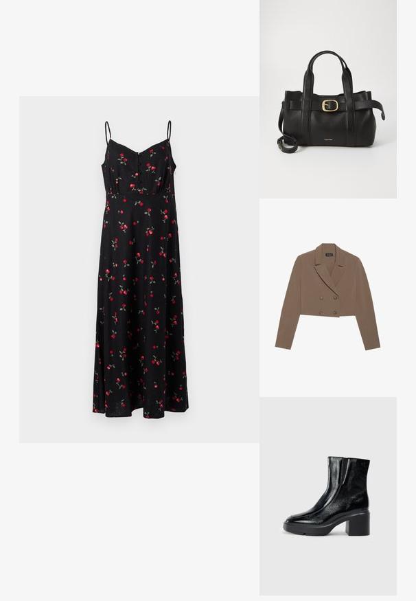 Kivágott barna blazer sima anyagból, kihajtott gallérral, dupla gombos záródással és hosszú ujjakkal.; Fekete virágmintás ruha állítható pántokkal, gombos elülső résszel, vörös rózsákkal és zöld levelekkel díszítve.; Fekete lakkbőr bokacsizma ívelt orral, elasztikus oldalpanelek és vastag blokk sarkal. A hátsó részen dombornyomott logó található.; Fekete bőr kézitáska, amely strukturált kialakítással rendelkezik, dupla felső fogantyúval, arany tónusú csattal és a márka dombornyomott logójával az elején.