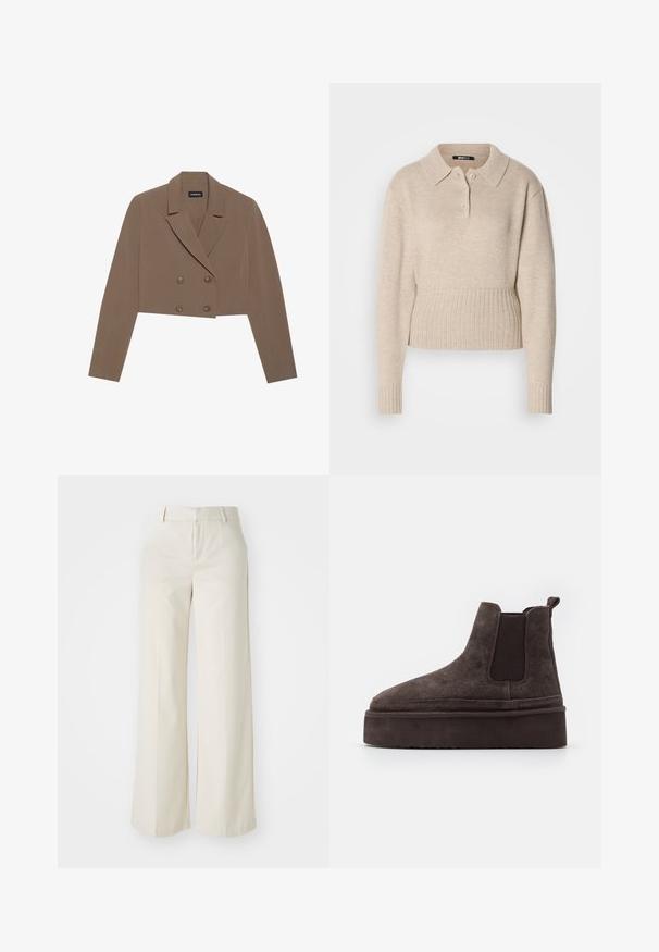 Krátka hnedá sako vyrobená z hladkej látky, s výstrihom do V, dvojradovým zapínaním na gombíky a dlhými rukávmi.; Bežový pletený sveter s dlhými rukávmi, rebrovanými manžetami a spodným lemom, a krátkou gombíkovou légou pod klasickým golierom.; Široké nohavice svetlej béžovej farby, vyrobené z hladkej textílie. Majú klasický pás a rovný predok s čistými líniami.; Hnedé semišové Chelsea topánky s elastickými bočnými panelmi a hrubou, štruktúrovanou platformou. Obsahujú pútko na päte pre jednoduché obúvanie.