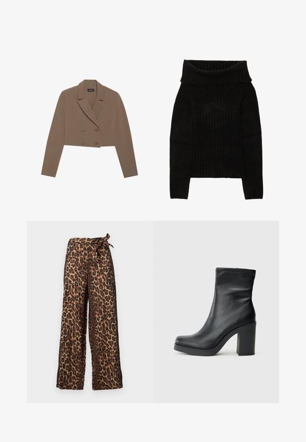 Cropped brown blazer made of smooth fabric, featuring a notched collar, double-breasted button closure, and long sleeves.; Black knitted sweater featuring a wide, folded neckline, ribbed texture, and long sleeves with a cropped silhouette.; Leopard print wide-leg trousers in brown and black, with a tied waistband and a smooth fabric texture.; Black leather ankle boot with a high block heel, smooth texture, fitted design, and stitched detailing at the top.
