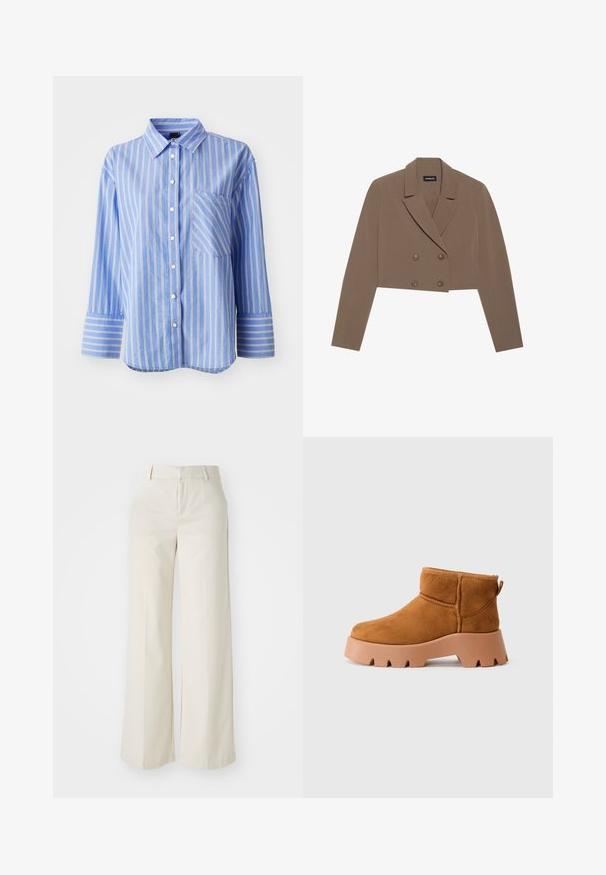 Rudas trumpas švarkas, pagamintas iš lygaus audinio, su išpjova apykakle, dvigubais užsegimais ir ilgomis rankovėmis.; Mėlynos juostelės ilgos rankovės marškiniai su mygtukų apykakle, turintys baltas ir geltonas juosteles bei krūtinės kišenę. Minkšta medžiaga, su laisvu siluetu.; Pločios kojos kelnės šviesiai bežinės spalvos, pagamintos iš lygaus audinio. Yra klasikinis juosmens dizainas ir lygūs priekiniai įsiuvai su švariomis linijomis.; Šviesiai rudos sukojos batus iki kulkšnies su apvaliu pirštu, tekstūruota ruda apačia ir užtrauktuku. Yra siuvinėta siūlė ir storas platformos dizainas.