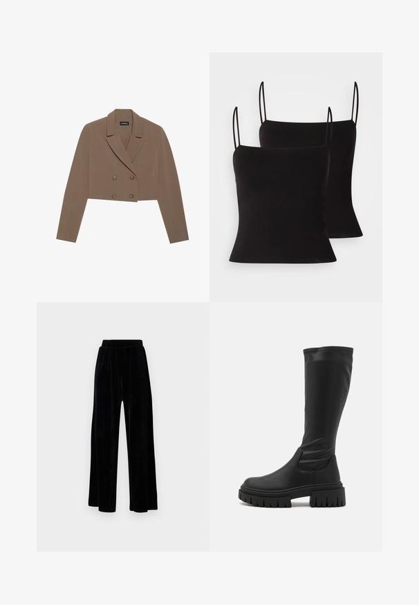 Blazer marrone accorciato realizzato in tessuto liscio, con colletto a spacco, chiusura a doppio petto con bottoni e maniche lunghe.; Top in satin nero con spalline sottili, realizzato in un tessuto liscio e elasticizzato, con una silhouette aderente. Confezione da due.; Pantaloni neri a gamba larga realizzati in morbido velluto, dotati di una cintura elastica e una superficie liscia, senza dettagli o motivi visibili.; Even&Odd Stivali con plateau - black