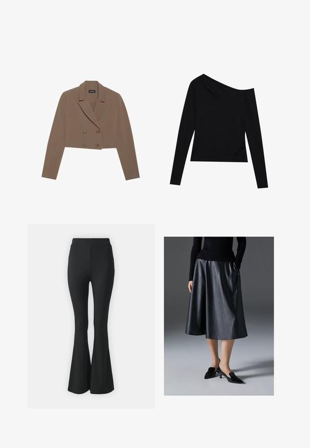 Blazer marrone accorciato realizzato in tessuto liscio, con colletto a spacco, chiusura a doppio petto con bottoni e maniche lunghe.; Top lungo nero a maniche lunghe con scollatura asimmetrica e design aderente, realizzato in un tessuto morbido e liscio. Nessun motivo o hardware visibile.; Pantaloni neri a campana realizzati in tessuto elastico. Presentano una vita alta e un design liscio e aderente che si allarga dal ginocchio in giù.; Gonna midi in pelle nera con una texture liscia; presenta una vita e tasche laterali. Abbinata a scarpe col tacco nere lucide.