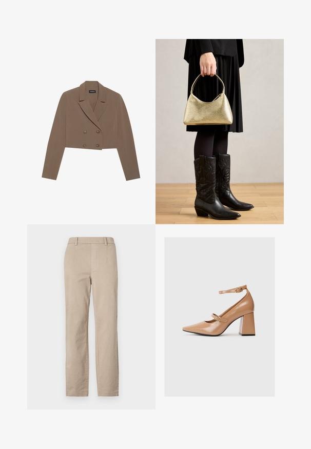 Geknipte bruine blazer van gladde stof, met een geknipte kraag, dubbele knoopsluiting en lange mouwen.; Gina Tricot Longsleeve - turtledove; Beige katoenen broeken met een rechte pijpontwerp, voorzien van riemlussen en zonder zichtbare versieringen of patronen.; Beige lakleren hoge hakken met een puntige neus, een enkelbandje en een chunky vierkante hak. Gladde textuur met een glanzende afwerking.; Gouden handtas met een gebogen vorm en korte handgreep, vastgehouden door een persoon die een zwarte geplooide rok en zwarte leren cowboylaarzen draagt.