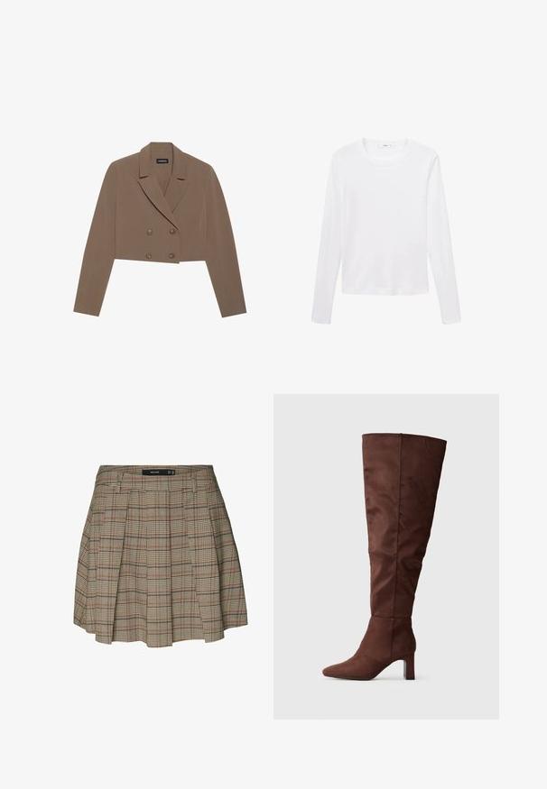 Krátka hnedá sako vyrobená z hladkej látky, s výstrihom do V, dvojradovým zapínaním na gombíky a dlhými rukávmi.; Biela dlhá rukávová tričko vyrobené z ľahkého materiálu, má okrúhly výstrih a rovný strih, bez viditeľných vzorov alebo akcentov.; Vero Moda VMELLIE MITTLERE TAILLE - sukňa v tvare A - silver mink; Hnedé čižmy po kolená vyrobené z mäkkého semišového materiálu. Majú špicatú špičku a zvýšený podpätok pre stabilitu. Hladký, matný povrch.