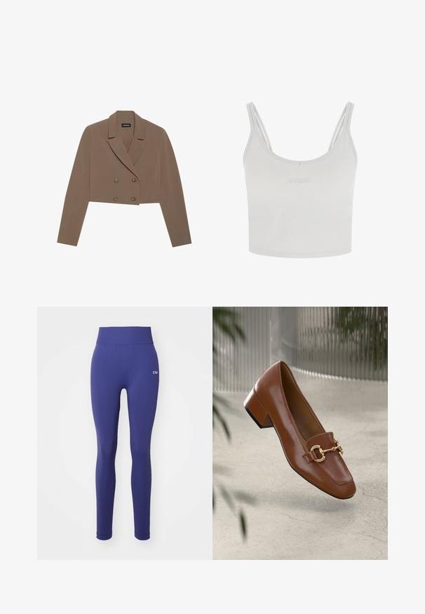 Kürzerer brauner Blazer aus glattem Stoff, mit Reverskragen, doppelter Knopfleiste und langen Ärmeln.; Weißes, kurzes Tanktop mit dünnen Spaghetti-Trägern, runder Ausschnitt und einem dezenten, geprägten Logo auf der Vorderseite. Aus weichem Baumwollmaterial.; Marineblaue Leggings aus dehnbarem Material, mit einem breiten Bund, glatter Textur und subtiler Logo-Details an der Hüfte.; Braune Lackleder-Loafer mit quadratischer Zehenpartie, metallischem Kettenakzent und niedrigem Blockabsatz; glatte Textur, minimalistisches Design.