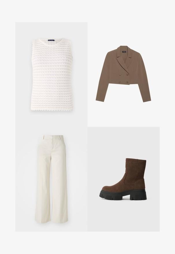 Krátka hnedá sako vyrobená z hladkej látky, s výstrihom do V, dvojradovým zapínaním na gombíky a dlhými rukávmi.; Bezrukávový biely pletený top s textúrovaným vzorom, vlnitými okrajmi a mierne voľným strihom. Vyrobený z priedušného materiálu.; Široké nohavice svetlej béžovej farby, vyrobené z hladkej textílie. Majú klasický pás a rovný predok s čistými líniami.; Hnedé semišové členkové topánky s textúrovaným povrchom, zaoblenou špičkou a robustnou čiernou gumovou podrážkou s dezénom.