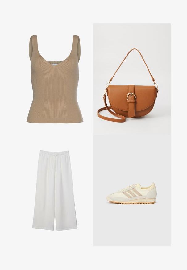 Kürzerer brauner Blazer aus glattem Stoff, mit Reverskragen, doppelter Knopfleiste und langen Ärmeln.; LASCANA Top - camelfarben; Weiße, weit geschnittene Hosen aus leichtem Stoff, mit einem elastischen Bund und einem Zugband für eine verstellbare Passform. Glatte Textur.; Cremefarbene sportliche Sneakers mit drei beigen Streifen, aus Wildleder und Textilmaterialien, einer strukturierten Sohle und geprägtem Branding an der Ferse.; Braune Leder-Crossbody-Tasche mit geschwungener Form, goldfarbenen Beschlägen und einer Schnallenakzentuierung. Verfügt über einen abnehmbaren Schultergurt.