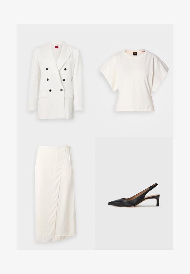 Bílý dvouřadý blejzr s černými knoflíky, klopami, dvěma předními kapsami a strukturovaným povrchem. Červená značka uvnitř.; Bílý zkrácený T-shirt, krátké široké rukávy, měkký bavlněný materiál, kulatý výstřih s jemným oranžovým lemováním, minimalistický design, bez vzorů nebo grafik.; Krémová sukňa do zvonu vyrobená z hladkého materiálu, s bočním uvazováním a délkou ke kolenům, s jemným předním rozparkem pro snadný pohyb.; Černé kožené slingback lodičky s špičatou špičkou, nízkým podpatkem a hladkým povrchem. Disponují tenkým nastavitelným páskem pro bezpečné uchycení.