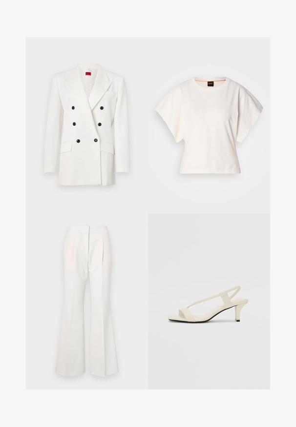 Bela dvoredna blazer jakna s črnimi gumbi, zarezanimi klapami, dvema sprednjima žepoma in teksturirano tkanino. Rdeča blagovna znamka znotraj.; Bela skrajšana majica s kratkimi širokimi rokavi, mehka bombažna tkanina, okrogla ovratnica z diskretnim oranžnim robom, minimalističen dizajn, brez vzorcev ali grafike.; Bele širše hlače z gladko teksturo, ki imajo gubice spredaj in subtilno kontrastne tkaninske panele v svetlejši odtenek.; Bež sandale z blok peto, tankimi trakovi in kvadratnim prstom. Gladek material z minimalnim okrasjem, zasnovan za enostavno nošenje.