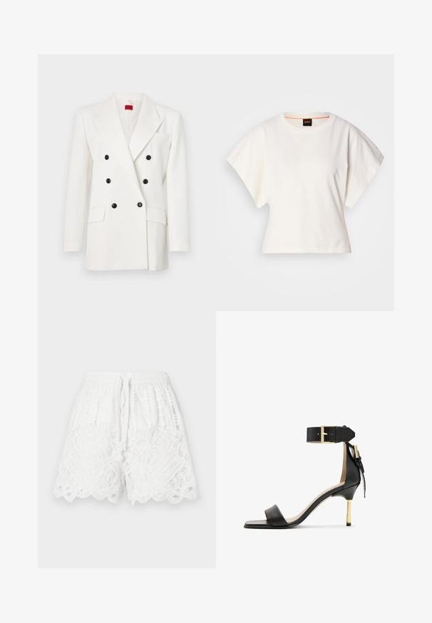 Balta dvigubai užsegama švarkas su juodais mygtukais, notch tipo apykakle, dviem priekinėm kišenėm ir tekstūruotu audiniu. Raudonas prekės ženklas viduje.; Baltas trumpas marškinėliai, plačios trumpomis rankovėmis, minkšta medvilnė, apvali kaklo iškirptė su subtiliu oranžiniu apvadu, minimalus dizainas, be raštų ar grafikų.; Balti nėriniuoti šortai su elastinga juosta, raišteliu, nelygiu kraštu ir sudėtingais tekstūriniais raštais audinyje.; Juodas odinis aukštakulnis šlepetės su kvadrato formos pirštu, kulkšnies dirželiu su auksiniu užsegimu ir liesu metaliniu kulnu. Lygus paviršius, minimalistinis dizainas.