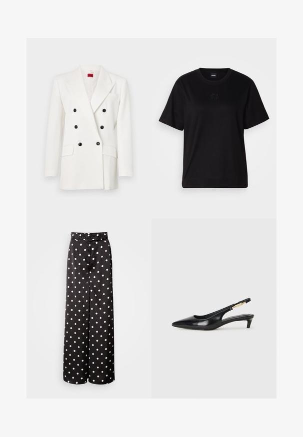 Hvit dobbelspent blazer med svarte knapper, klaffeslag, to frontlommer og teksturert stofffinish. Rød merkelapp inni.; Svart bomull T-skjorte med rund hals, korte ermer og et brodert logo på brystet. Enkel, avslappet passform uten mønstre.; Svart vide bukser med belte, laget av glatt stoff med et hvitt prikkete mønster gjennomgående.; Sorte lærreim hæler med spiss tå, som har en slank hæl og en gullfarget detalj på den justerbare stroppen. Glatt tekstur.