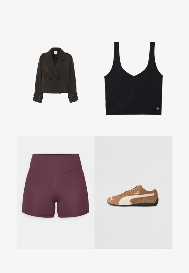 Temno siva skrajšana dvojna jakna s širokimi reverji, ramenskimi epauletti, dvema sprednjima gumboma, dolgimi rokavi in trakovi z zaponkami na zapestjih.; Črna športna modrček z širokimi naramnicami, zasnovo v obliki črke V, teksturirano tkanino in detajlom logotipa na robu. Gladek videz, minimalističen slog.; Lila športne kratke hlače iz raztegljivega materiala, z visokim pasom in gladko teksturo ter kontrastnimi šivi.; Rjave zamšaste nizke teniske s kremastimi poudarki, teksturirano površino, črnim gumijastim podplatom in izvezenim logotipom na strani in jeziku.