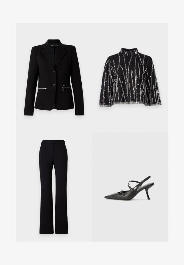 Black tailored blazer with a single-button closure, silver zippered pockets, and a sleek design. Made from a smooth, sturdy fabric.; Black cropped top with high neck, featuring silver sequined vertical lines, sheer sleeves, and textured fabric.; Black trousers featuring a straight cut, smooth texture, and a waistband with a single button closure. No visible patterns or accents.; Black leather slingback heels with a pointed toe, slender heel, and decorative buckle detail on the vamp. Smooth texture and sleek design.