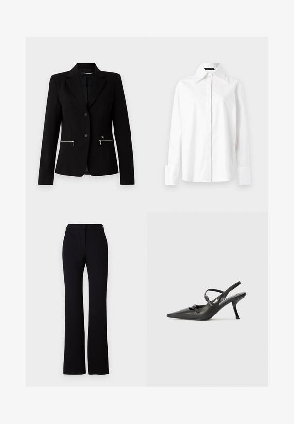 Černý přizpůsobený blejzer s jednobuttoním zapínáním, stříbrnými zipovými kapsami a elegantním designem. Vyroben z hladké, pevné látky.; Bílá bavlněná košile s špičatým límcem, dlouhými rukávy a knoflíkovými manžetami. Hladká textura, přiléhavý střih a minimalistický design.; Černé kalhoty se rovný střih, hladkou texturou a páskem se zapínáním na jeden knoflík. Bez viditelných vzorů nebo akcentů.; Černé kožené lodičky na boku s špičatou špičkou, štíhlým podpatkem a dekorativní přezkou na nártu. Hladká textura a elegantní design.