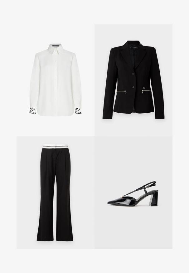 Blazer preto ajustado com fecho de botão único, bolsos com ziper prateado e um design elegante. Feito de um tecido suave e resistente.; Camisa branca de mangas longas com colarinho tipo botão, com um corte descontraído e acabamento em preto bordado nos punhos. Textura suave.; Calças pretas com um corte descontraído, apresentando uma cinta elástica branca com marca. Feitas de um tecido suave com um leve brilho.; Sapatos de salto alto em couro verniz preto, com biqueira pontiaguda, tira ajustável e salto retangular robusto.