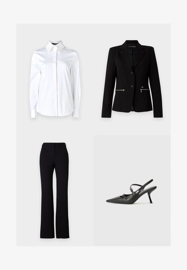 Musthave mustrinda pintsak üheinupulise kinniõmbluse, hõbedaste tõmblukkudega taskute ja voolujoonelise disainiga. Valmistatud siledast ja tugevast kangast.; Valge pikkade varrukatega kraega särk, valmistatud siidisest puuvillast, millel on ees nööbitav sulg ja korralikult viimistletud varrukasääred.; Mustad püksid, millel on sirge lõige, sile tekstuur ja ühe nupukinnitusega vöökoht. Ei ole nähtavaid mustreid ega aktsente.; Must musta slingback kontsad, terava nina, peenike konts ja dekoratiivne pandla detail peal. Sile tekstuur ja stiilne disain.