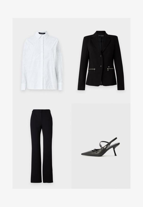 Black tailored blazer with a single-button closure, silver zippered pockets, and a sleek design. Made from a smooth, sturdy fabric.; White button-up shirt featuring a textured script pattern, classic collar, long sleeves, and a straight hem. Made from lightweight fabric.; Black trousers featuring a straight cut, smooth texture, and a waistband with a single button closure. No visible patterns or accents.; Black leather slingback heels with a pointed toe, slender heel, and decorative buckle detail on the vamp. Smooth texture and sleek design.